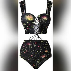 NWT DRESSFO Two Piece High Waisted Gothic Sun and Moon Swimsuit, XL (10)